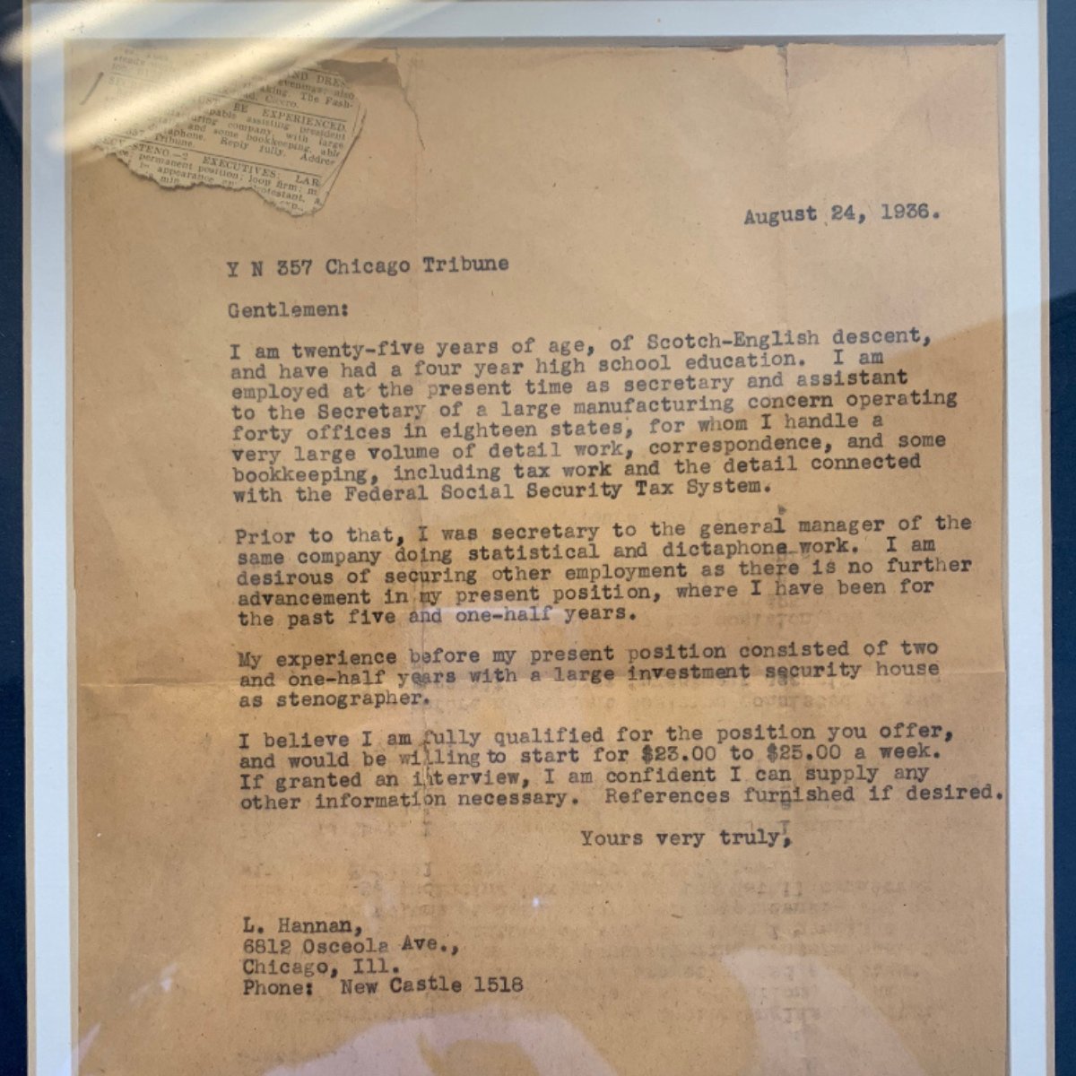 nathan_candaner's tweet photo. Over the years, I have been collecting vintage cover letters, resumes, and job ads. It's a passion of mine. I particularly love how far the world has come with values, but fuels me even further to see how much nothing has changed with the process. As of today, this cover letter is exactly 87 years 11 months old. That's what makes me excited about what we have built at @JobzMall .