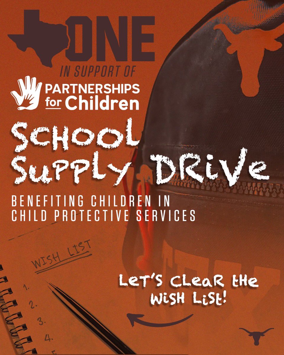 Please join @TexasOneFund in support of <a href="/PFCatx/">Partnerships for Children</a> for our inaugural school supply drive benefitting Central Texas Children in Child Protective Services. These kids need our help to start their school year off successfully! Please use the Amazon Wish List below