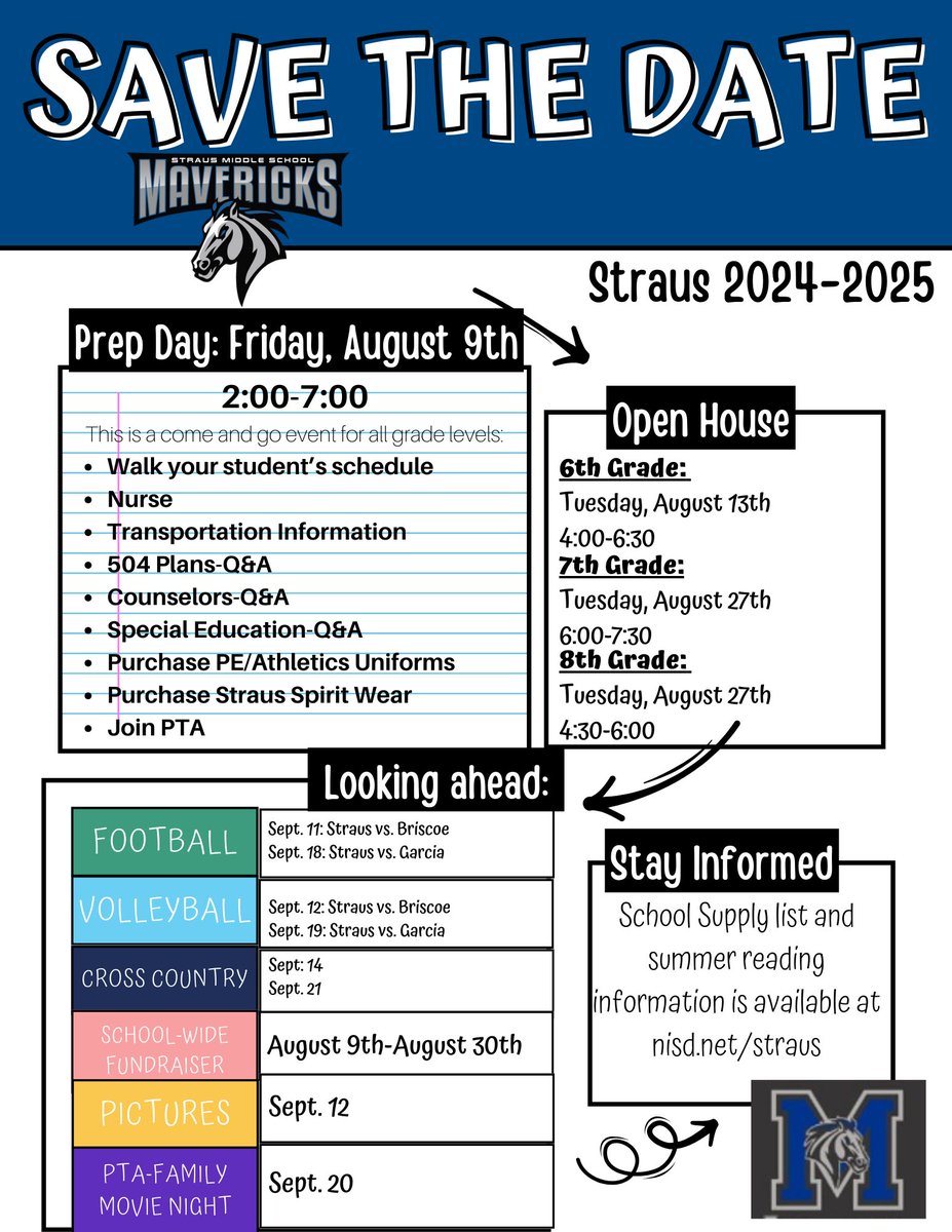 #SaveTheDate #PrepDays #OpenHouse #StrausMavericks #BackToSchool