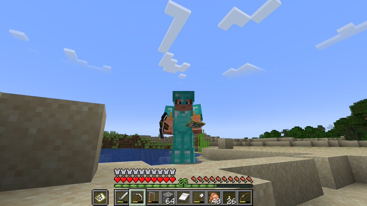 nikunokimi's tweet photo. マイクラデビューし、初のダイヤ装備をウキウキで記念スクショした直後に、初の全ロスというものを経験しました。楽しいゲームでした。本当にありがとうございました😇
＃マイクラ #Minecraft https://t.co/EEUSp86s3z