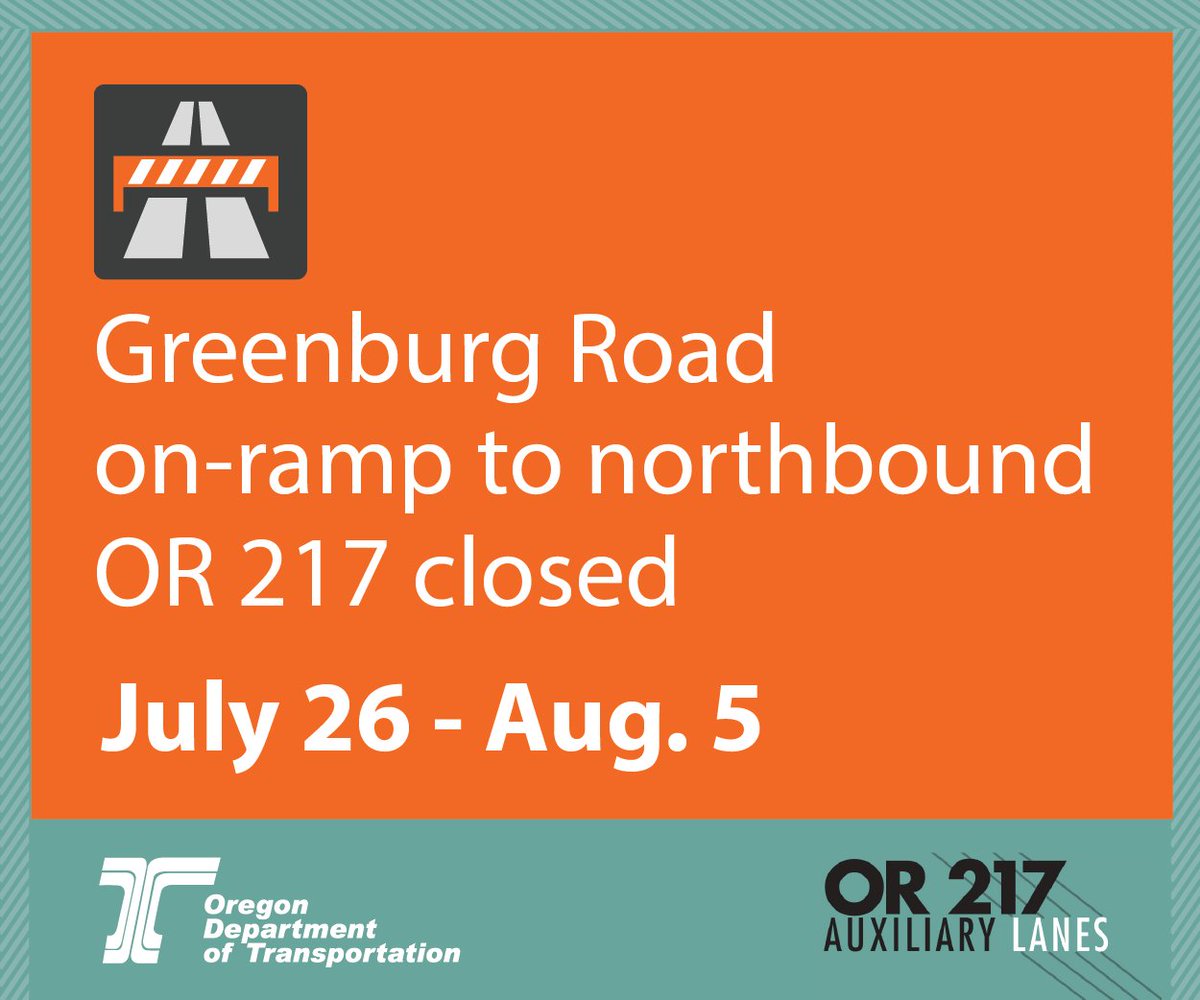 OregonDOT's tweet image. #Beaverton and #Tigard travelers: The Greenburg Rd on-ramp to OR 217 north will close for 11 days, starting Friday night, July 26. Expect traffic slowdowns, and find detour info at: hwy217.org 

#pdxtraffic #217AuxLanes @CityofBeaverton @TigardOR @WashcoOregon