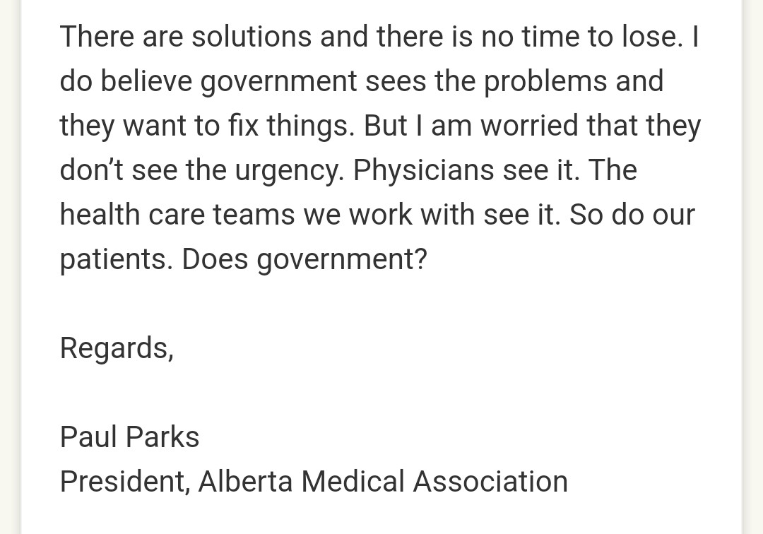 The head of the <a href="/Albertadoctors/">Alberta Medical Association (AMA)</a> is questioning if the Alberta government thinks fixing health care is an urgent problem. #yeg #yyc #ableg