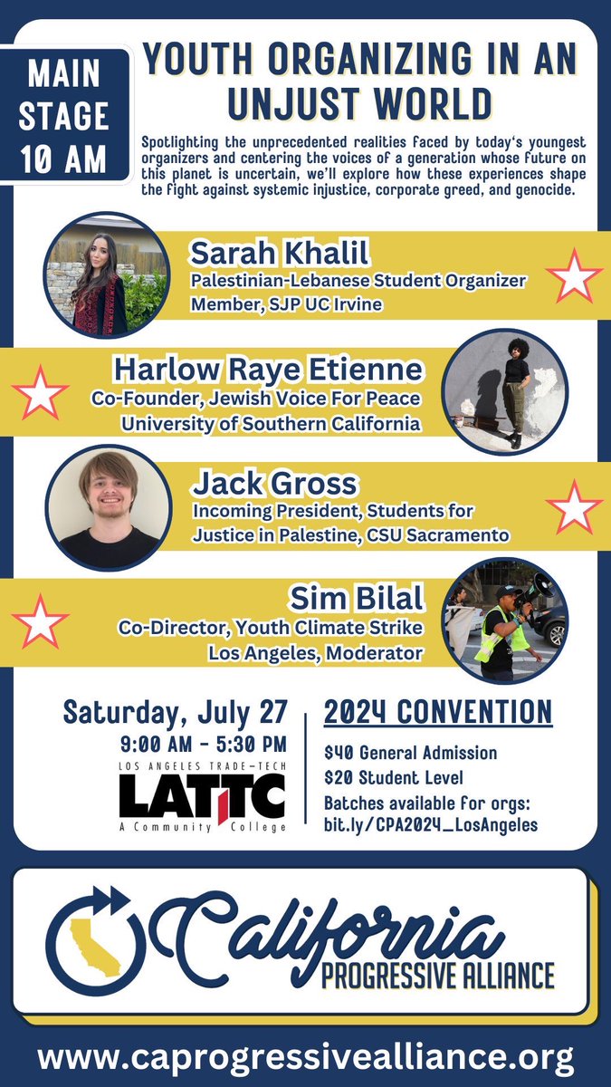 🚨YOUTH PANEL JUST DROPPED!🚨

ORGANIZING IN AN UNJUST WORLD 
Join CPA &amp; <a href="/ycstrikeLA/">Youth Climate Strike Los Angeles</a> as we spotlight the unprecedented realities faced by today’s youngest organizers across the spectrum of the progressive movement. 

Get your tickets in the 🧵!
#CAProgressiveAlliance