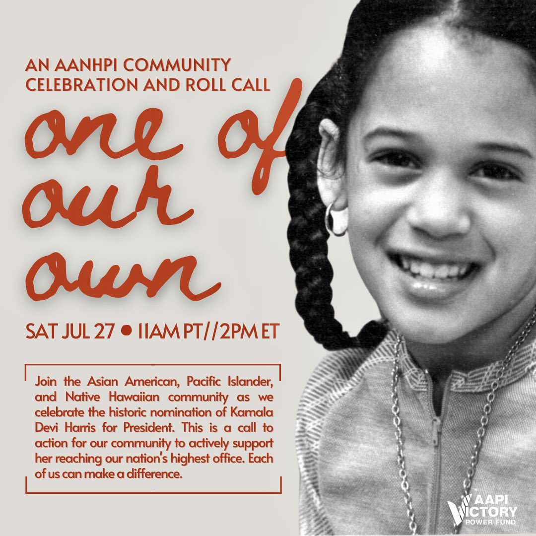 AAPI Victory Fund (@aapivictoryfund) on Twitter photo We are coming together to celebrate this historic moment: one of our own is leading the Democratic ticket for President. <a href="/KamalaHarris/">Kamala Harris</a> #OneOfOurOwn
Join us on Sat 7/27 at 11AM PT//2PM ET for a celebration and call to action: forms.gle/TKmydMTGMpfpXF… We are coming together to celebrate this historic moment: one of our own is leading the Democratic ticket for President. <a href="/KamalaHarris/">Kamala Harris</a> #OneOfOurOwn
Join us on Sat 7/27 at 11AM PT//2PM ET for a celebration and call to action: forms.gle/TKmydMTGMpfpXF…
