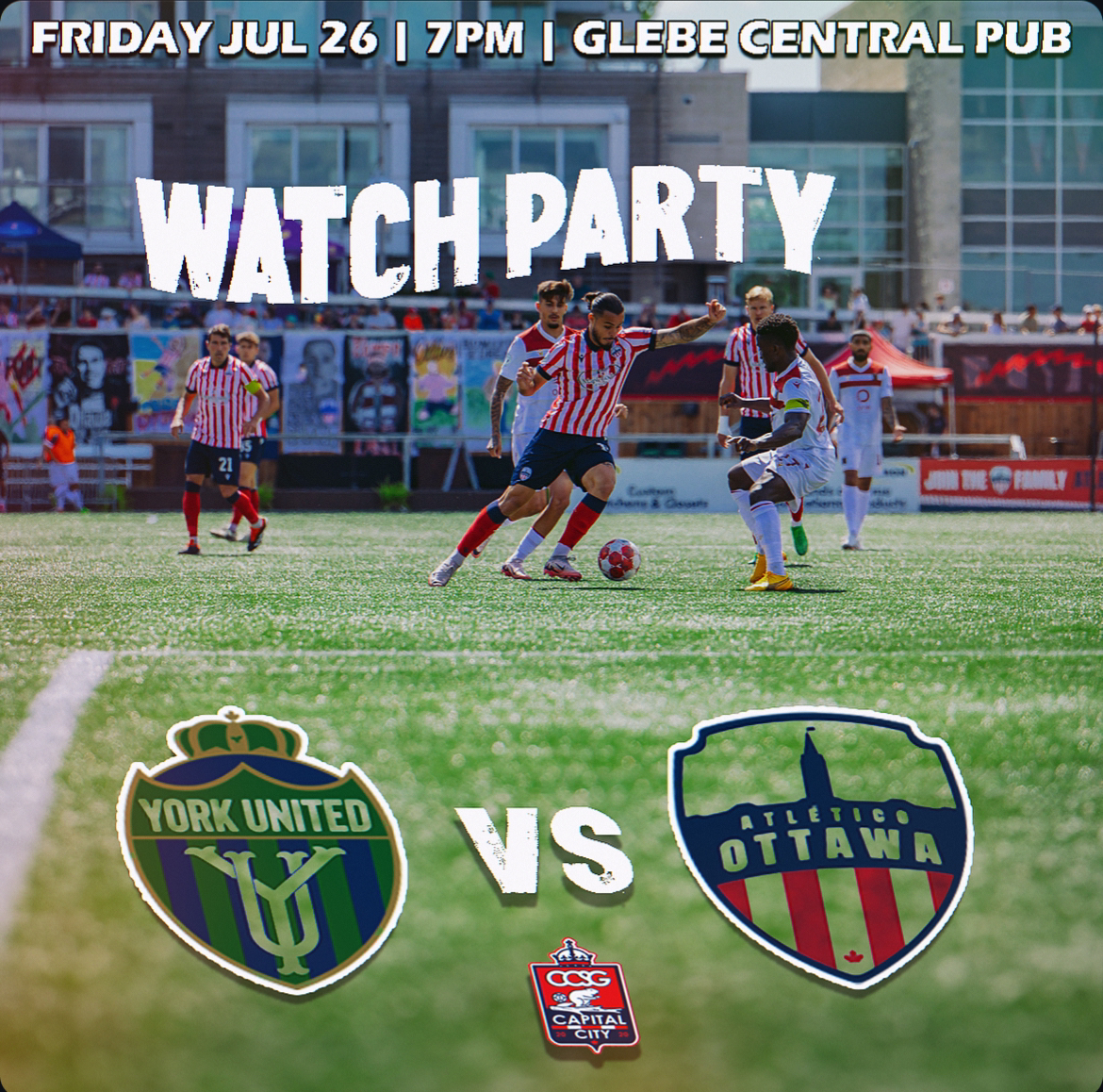 CapitalCitySG's tweet photo. Not able to make this bus this Friday? Still want to watch the game? Well come join Joey at @GlebeCentralPub! 🔥

Kick-off is at 7pm, but join CCSG at 6 for an extra special edition of the Untitled Pre-Show Show, exclusive only to pubgoers!

#CanPL #AtléticoOttawa #Atleti https://t.co/MG7PszfDUD