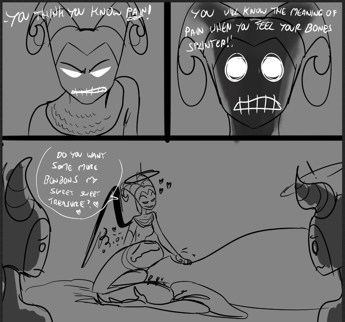 Lute, the powerful, commanding warrior.

And her fat, pet husband she dotes on.

#HazbinHotelAdam #HazbinHotel #GuitarSpear