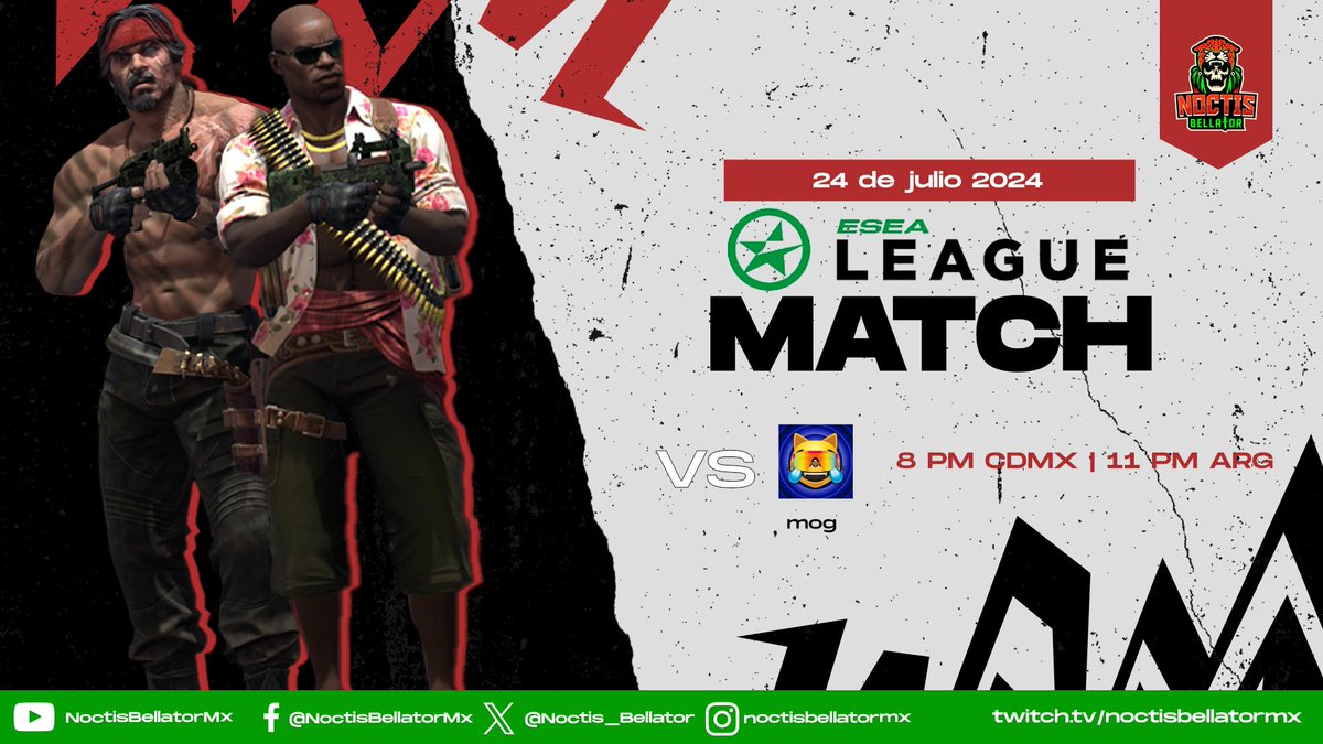 El día de hoy nuestros guerreros continúan su camino dentro de la liga <a href="/ESEA/">ESEA League</a>, en búsqueda de la victoria. 

🕗 8:00 🇲🇽 | 11:00 🇦🇷
🆚 mog 
📺 ttv/noctisbellatormx
🎙️@valerio_del_rio