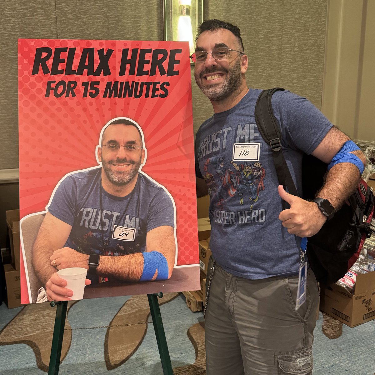 DarrenShulman's tweet photo. Hit 1 gallon in total blood donated and saw an awesome poster at the #comicconblooddrive! #SameShirtDifferentYear @sdbloodbank https://t.co/oO3YcY1oLh