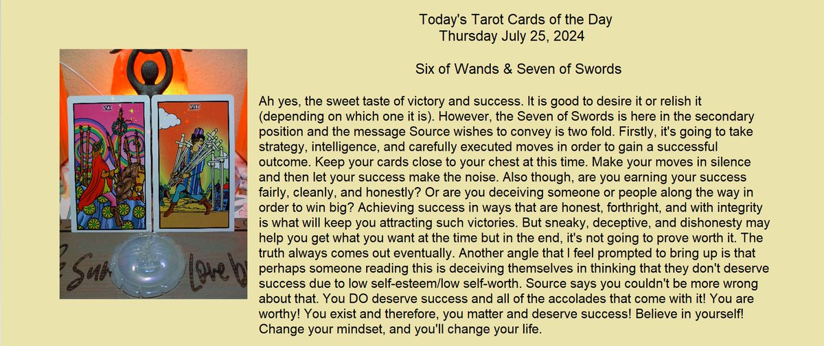 EnigmaticEmber7's tweet image. Good morning, friends! Happy Thursday! I hope everyone's week has been great! The weekend is just 1 day away! 
Here's Today's #tarot Cards of the Day. Have a nice day! Much love &amp;amp; light and blessed be! 😊💜🌼

#TarotReading #tarotcards #tarotreader #dailytarot #COTD #Cardoftheday