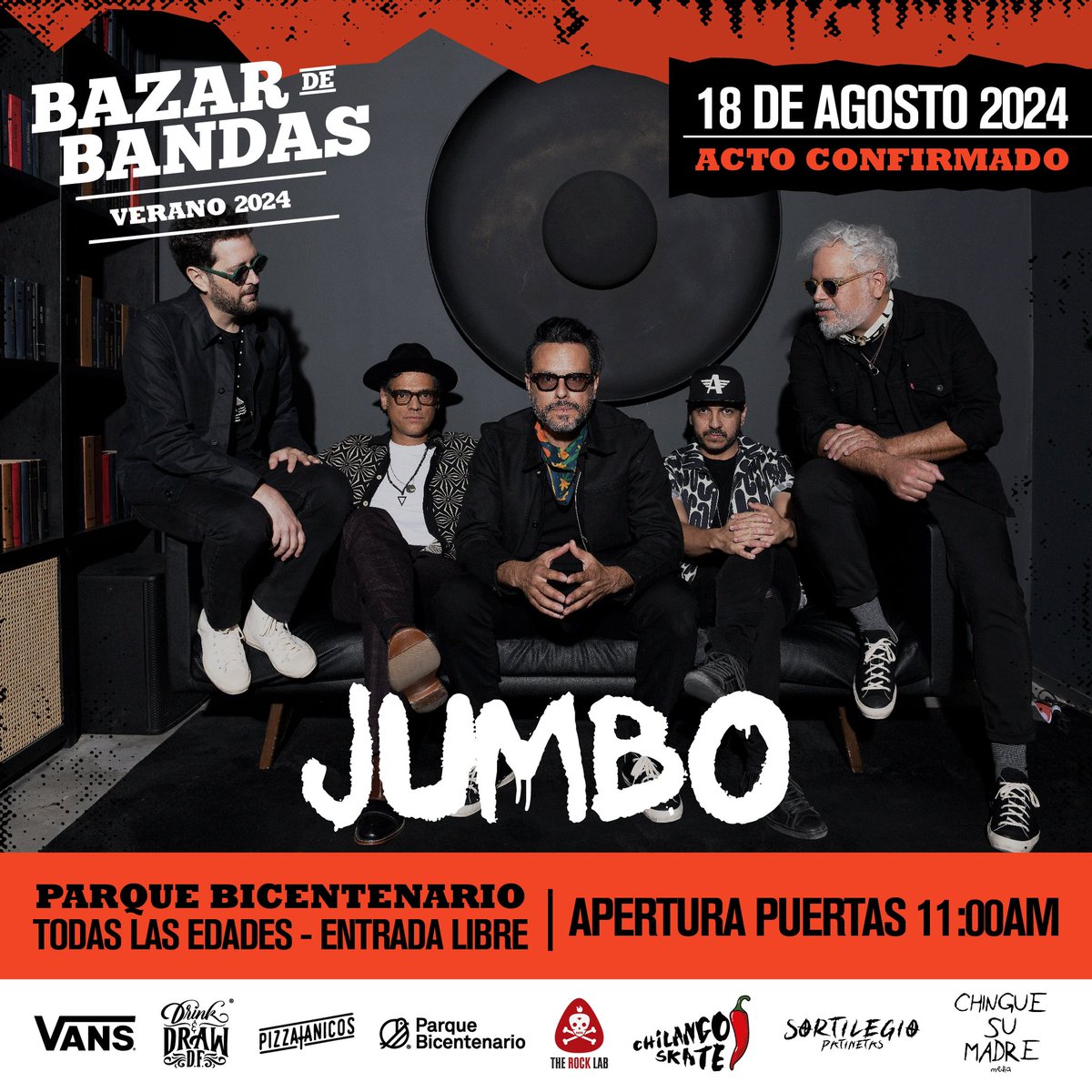 Jumbo_Mx's tweet photo. CDMX 🇲🇽 Nos vemos el próximo 18 de Agosto en Bazar de Bandas para celebrar juntos 25 años de Jumbo.

Entrada gratuita / Todas las edades.

#Jumbo25 https://t.co/ivAqeJiVzl