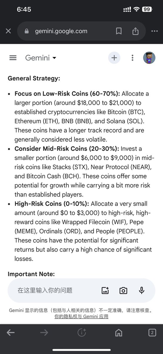 innocentcatdown's tweet photo. It seems Al are conservative or smarter in other words， they suggest buy more bit eth . etc and medium proportion in near、 stx， and a little in wif pepe people
ai似乎更倾向于投资btc， 小部分资金在山寨即使可能收益更高 https://t.co/tUw5twR75I