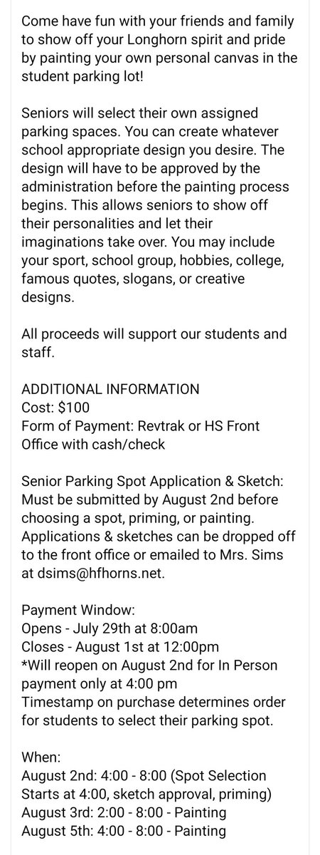 HFISD_Longhorns's tweet photo. Senior drivers will have the opportunity to reserve their own parking spot for the whole school year. HFHS is offering the opportunity to show your Longhorn spirit by painting a reserved parking space. 

*Additional information below 
https://t.co/1D9meo7lwI
#WeAreHFISD #HornsUp https://t.co/ddy3eamU5m