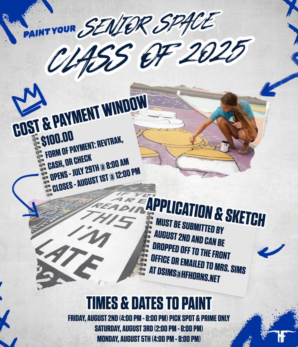 HFISD_Longhorns's tweet photo. Senior drivers will have the opportunity to reserve their own parking spot for the whole school year. HFHS is offering the opportunity to show your Longhorn spirit by painting a reserved parking space. 

*Additional information below 
https://t.co/1D9meo7lwI
#WeAreHFISD #HornsUp https://t.co/ddy3eamU5m
