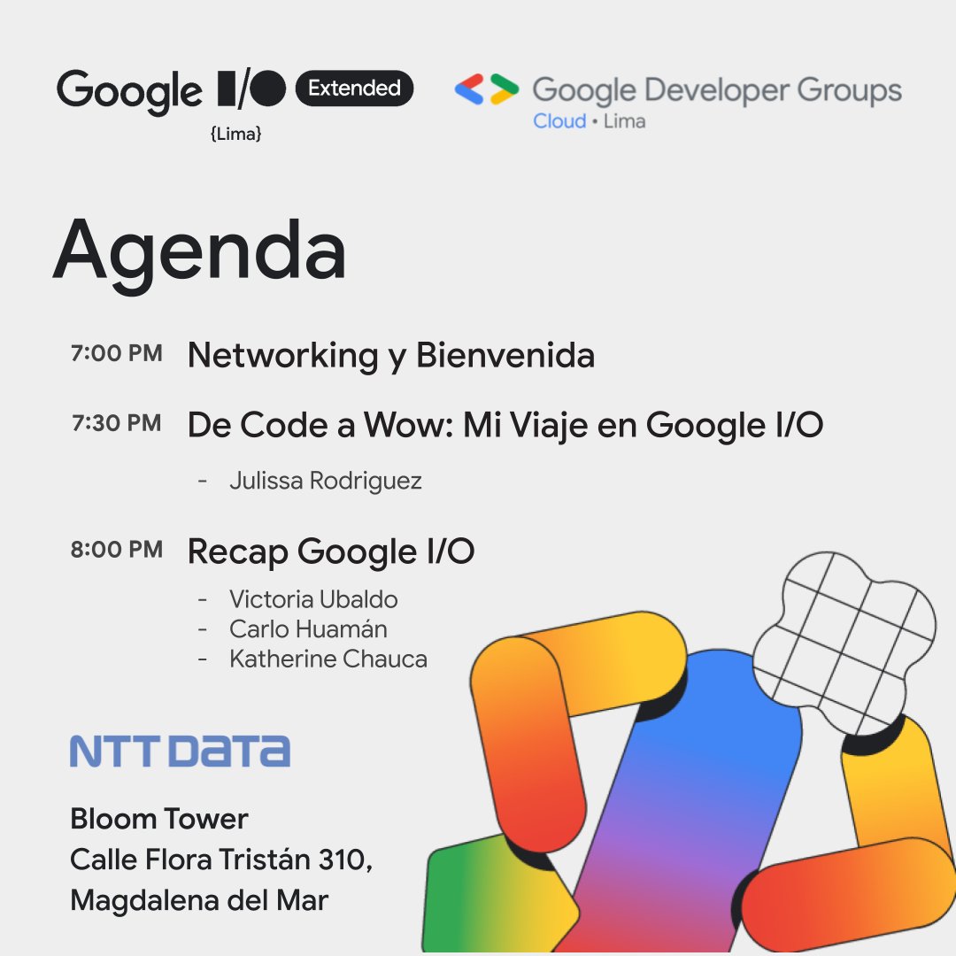 gdgcloudlima's tweet image. ¿Qué tal?👋🏾
Recuerda que este Martes 30 tenemos una cita para platicar sobre el #GoogleIO y novedades #tech en @nttdatalatam 🫣😱.
Aquí tienes la agenda, speakers y un recordaris de que debes registrarte 🫡✏️👉🏾gdg.community.dev/e/mjwjys
Nos vemos el Martes😃
@GoogleDevsLATAM