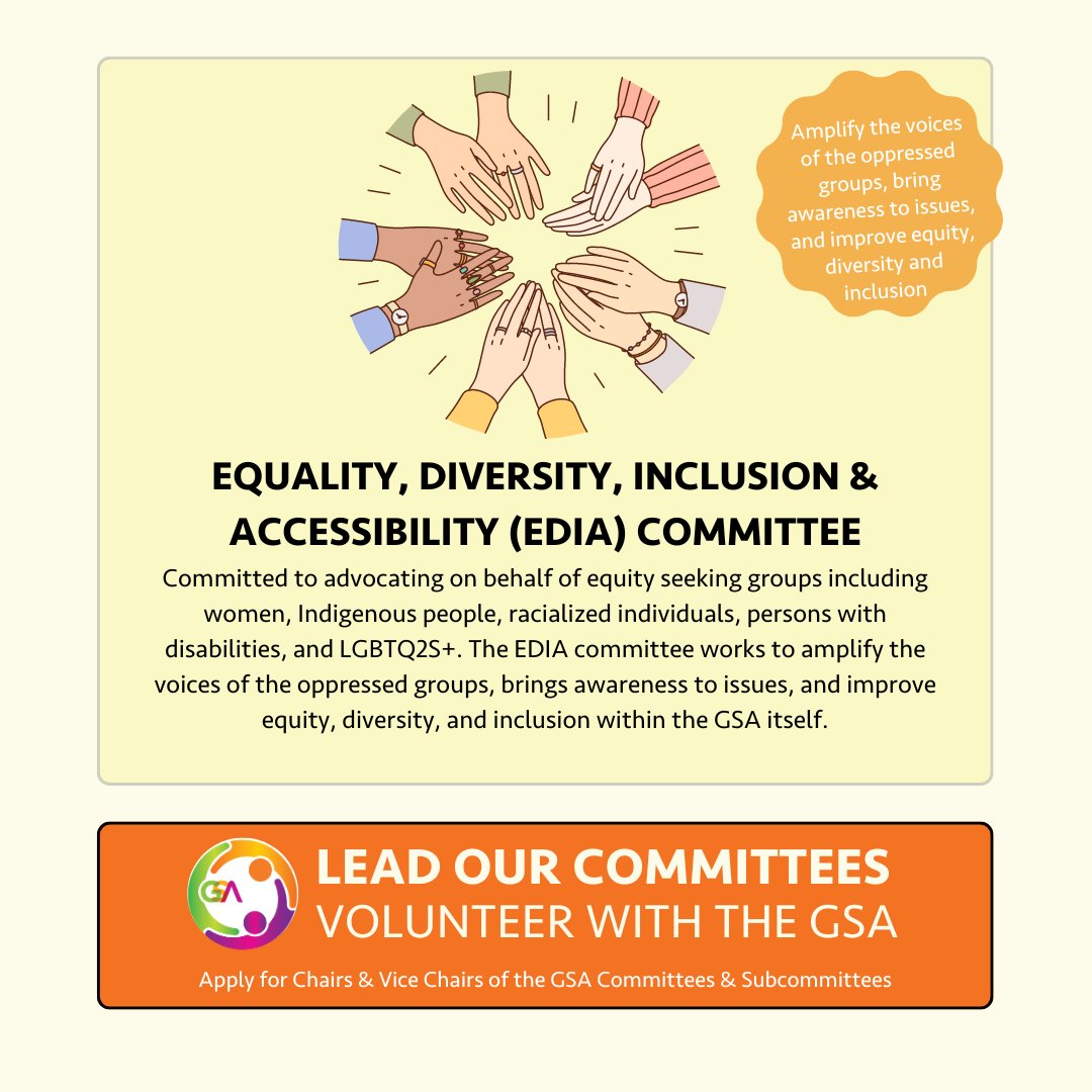 The GSA is recruiting  Chairs and Vice Chairs for our EDIA Committee and Newcomers and International Students Subcommittee!

Apply now and be a leader in fostering equity, diversity, and inclusion at the GSA!

🔗 Learn more and apply: gsa.ucalgary.ca/services/commi…