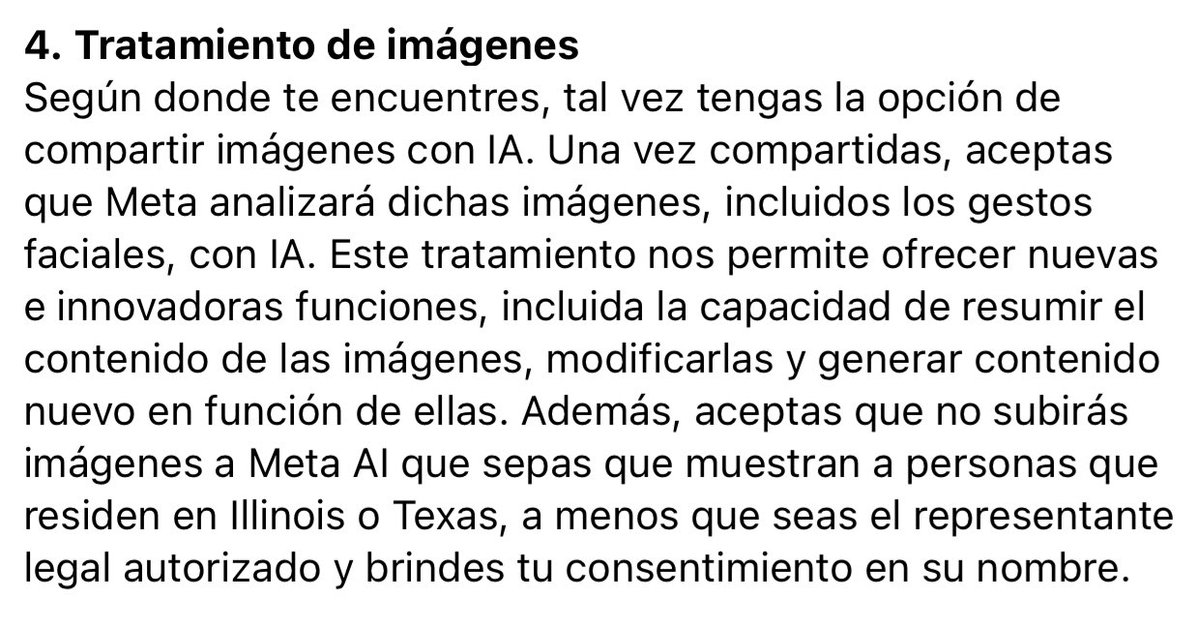 algeneromio's tweet photo. Me puse a leer los TyC de la ia de meta y resulta que no puedes subir fotos de gente que sea de Texas o Illinois sin consentimiento JAJAJA ¿q pasó para que pusieran esa condición? https://t.co/UviKBmuTfq