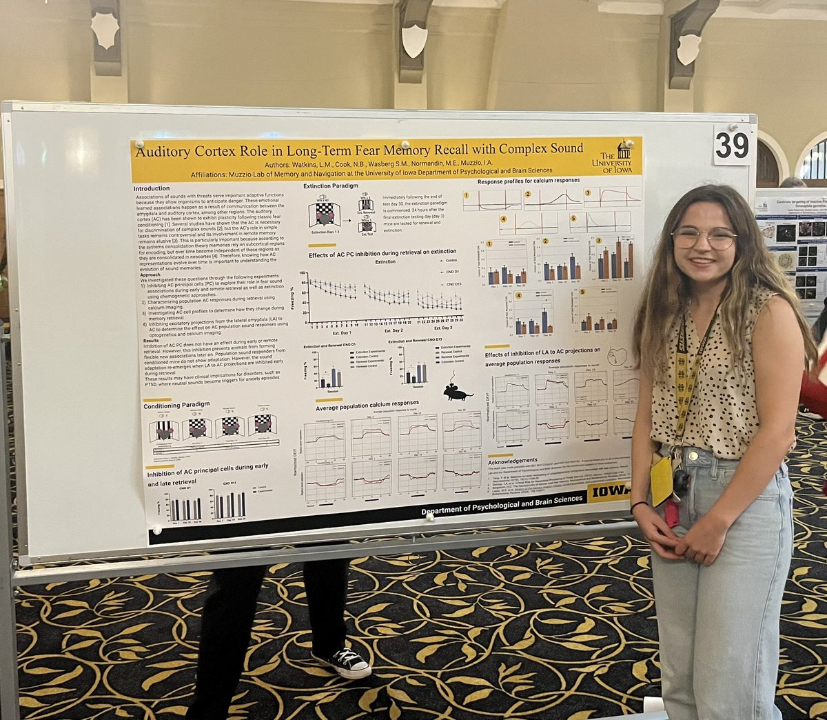 MuzzioLab's tweet photo. Very proud of Lydia Watkins, an amazing undergrad working in my lab. Today she presented her research looking at auditory cortex representations during early and remote memory recall at the University of Iowa Summer Undergraduate Research Conference. https://t.co/SNLbLKQpMH