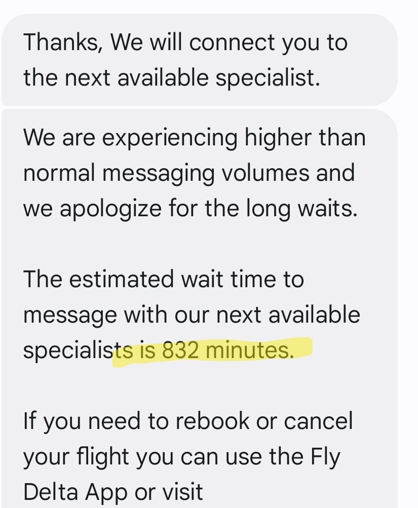 sampie08's tweet photo. @SecretaryPete I'm a long time @Delta member but damn this weekend hurt. 

24 hour journey took 40+ hours 

Would have rescheduled but couldn't get through to a Delta rep on phone/SMS. Website and app kept failing for rescheduling. 

Bags got delayed and then lost. Took many hours to get them. https://t.co/5Z83mY3rit