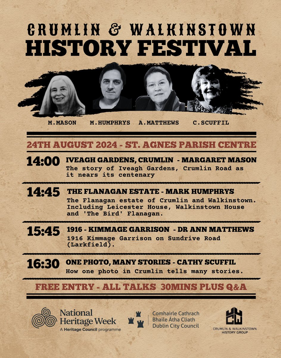 Crumlin & Walkinstown History Group (@crumwalkhistory) on Twitter photo As part of <a href="/HeritageWeek/">National Heritage Week</a> we are delighted to announce our first history festival on 24th August from 2-5:30pm. A one day free event with four history talks on topics related the local area, No booking required, entrance on first-come-first-served basis.
Repost appreciated. As part of <a href="/HeritageWeek/">National Heritage Week</a> we are delighted to announce our first history festival on 24th August from 2-5:30pm. A one day free event with four history talks on topics related the local area, No booking required, entrance on first-come-first-served basis.
Repost appreciated.