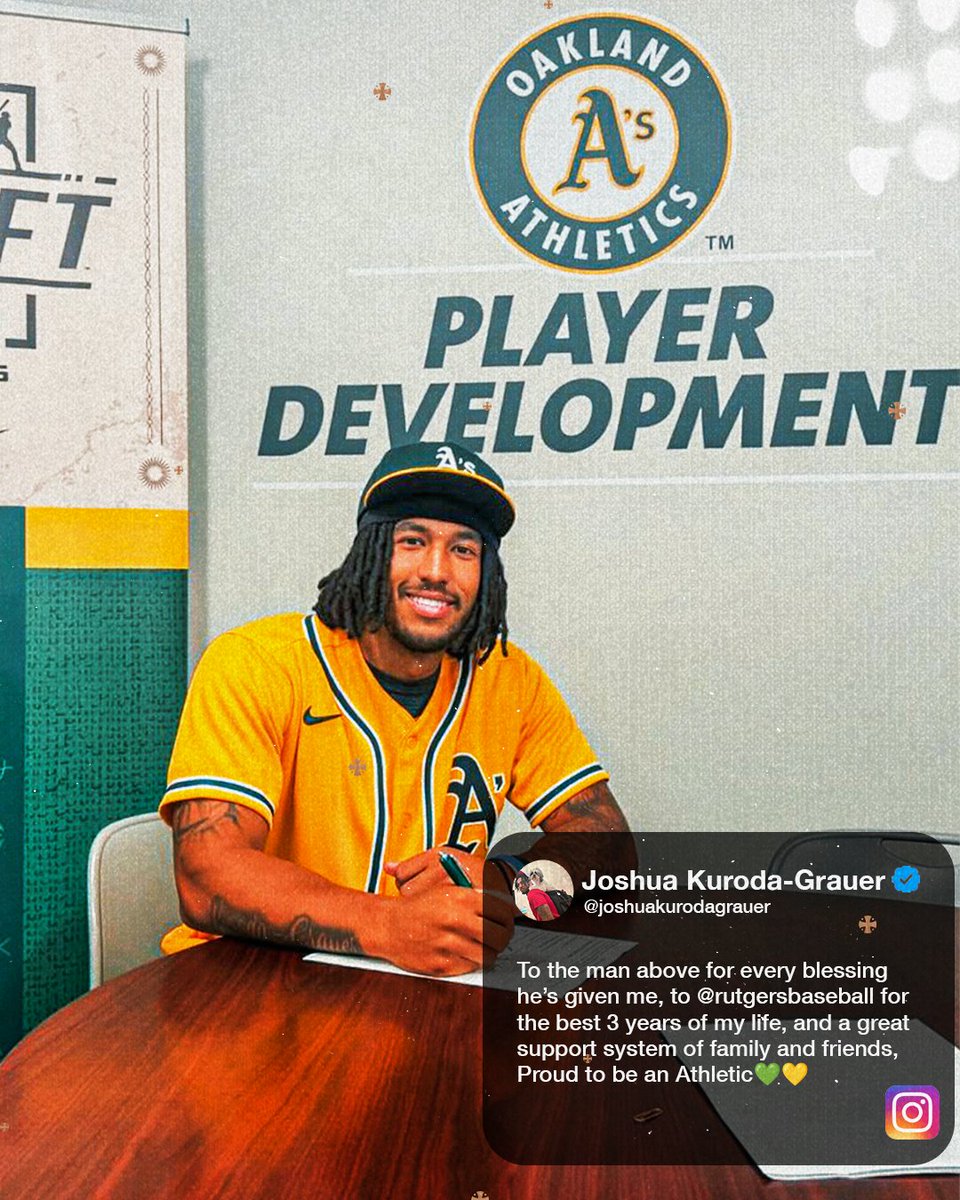 RutgersBaseball's tweet photo. It's official. Josh Kuroda-Grauer is an Oakland Athletic 💚💛

#TCD x @Athletics https://t.co/pea8CCdXKo