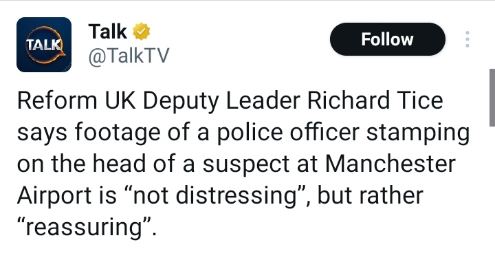 docrussjackson's tweet photo. Just how fucked up &amp; utterly devoid of morality do you have to be to find footage of a British policeman kicking &amp; stamping on somebody's head while they're lying face down on the ground, not even remotely distressing, but actually "reassuring"? And Richard Tice is an actual MP? https://t.co/nFA1Nts7zV