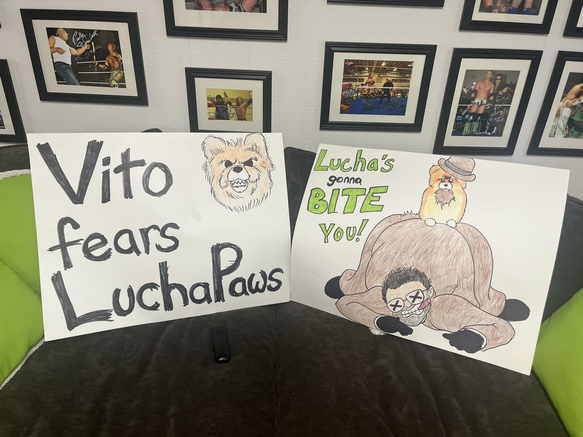 AnthonyArmy's tweet photo. I’ve been meaning to post this for a while….   

One of the top moments EVER in my career from a “meet n’ greet” and 2 of my favorite signs anyone has ever made for me.   

My Pup Lucha (LuchaPaws on IG - shameless plug) loves them just as much!

Thank you ! 💚 https://t.co/MV5ItXZ2m0