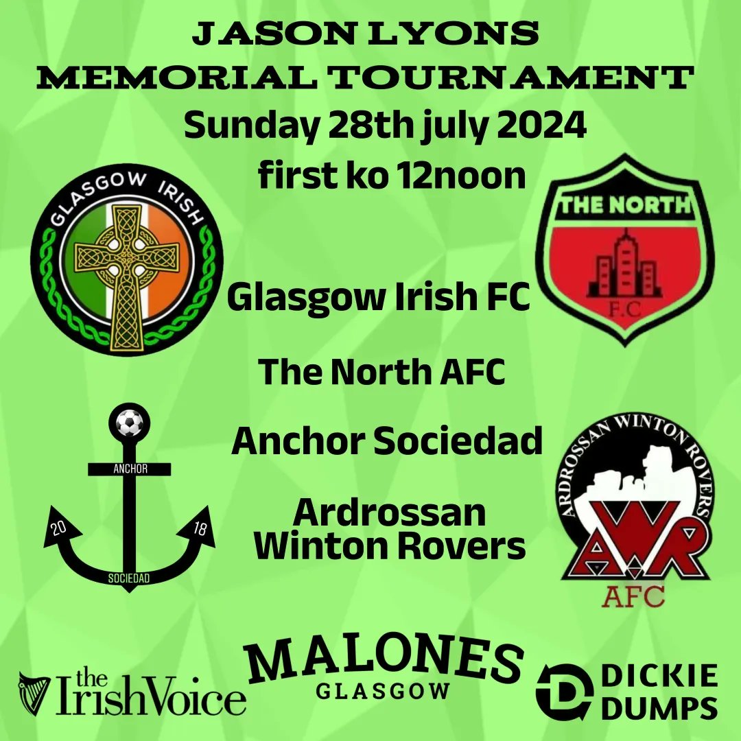 Thursday 25th July the irish take on eastend athletic in a friendly at park villa drumoyne. 7.45pm ko

sunday 28th July the irish are in the jason lyons memorial tournament.
This will be at nethercraigs for a 12noon ko.

🇮🇪🍀 MON THE IRISH 🍀🇮🇪

<a href="/MalonesGlasgow/">Malones Glasgow</a> 
<a href="/TheIrishVoiceUK/">The Irish Voice</a>