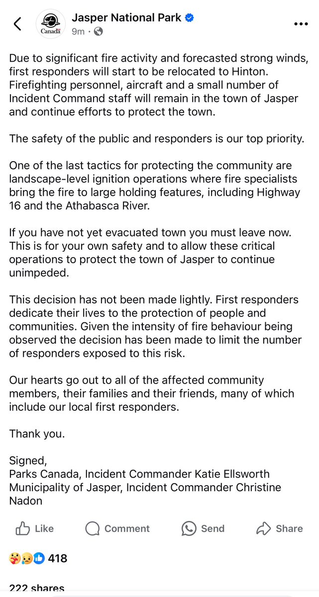 A statement from <a href="/JasperNP/">Jasper National Park, Parks Canada</a> on Facebook confirms first responders are being relocated to Hinton. 
#JasperWildfire