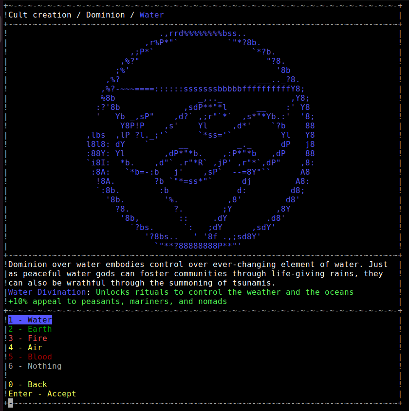 BucephalusStud1's tweet photo. Which dominion does your deity command?
Your decision will unlock unique upgrade paths for your cult in #cultgame
Art credit: @littlebitspace
#cults #indiegames #gamingcommunity #asciiart #pcgaming #elementalpowers #gaming https://t.co/l2WceeqC9R
