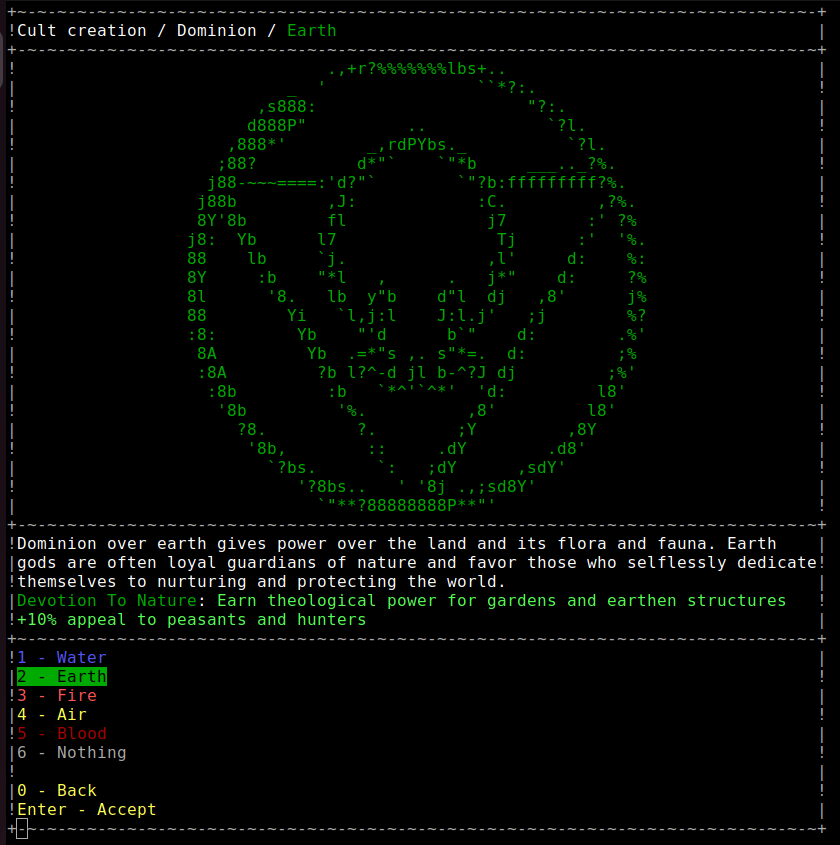 BucephalusStud1's tweet photo. Which dominion does your deity command?
Your decision will unlock unique upgrade paths for your cult in #cultgame
Art credit: @littlebitspace
#cults #indiegames #gamingcommunity #asciiart #pcgaming #elementalpowers #gaming https://t.co/l2WceeqC9R