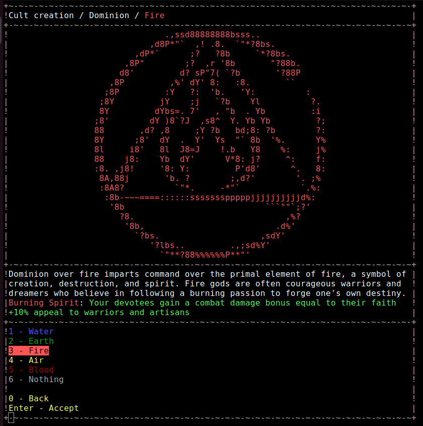 BucephalusStud1's tweet photo. Which dominion does your deity command?
Your decision will unlock unique upgrade paths for your cult in #cultgame
Art credit: @littlebitspace
#cults #indiegames #gamingcommunity #asciiart #pcgaming #elementalpowers #gaming https://t.co/l2WceeqC9R