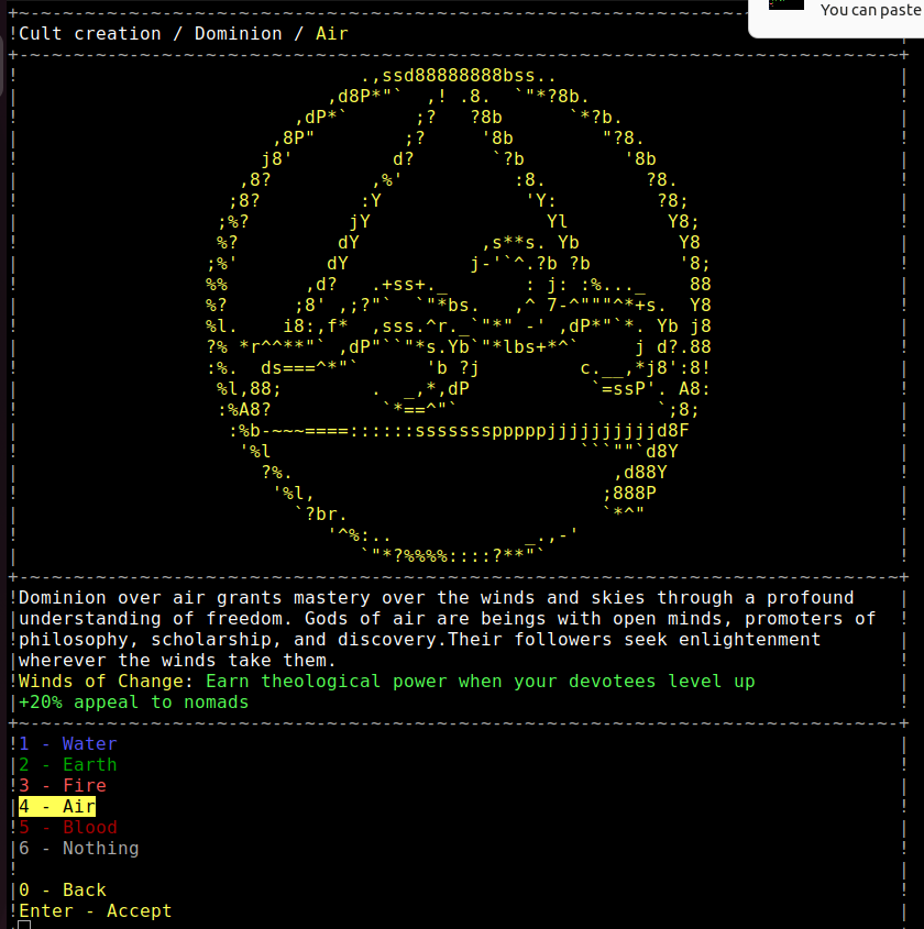 BucephalusStud1's tweet photo. Which dominion does your deity command?
Your decision will unlock unique upgrade paths for your cult in #cultgame
Art credit: @littlebitspace
#cults #indiegames #gamingcommunity #asciiart #pcgaming #elementalpowers #gaming https://t.co/l2WceeqC9R