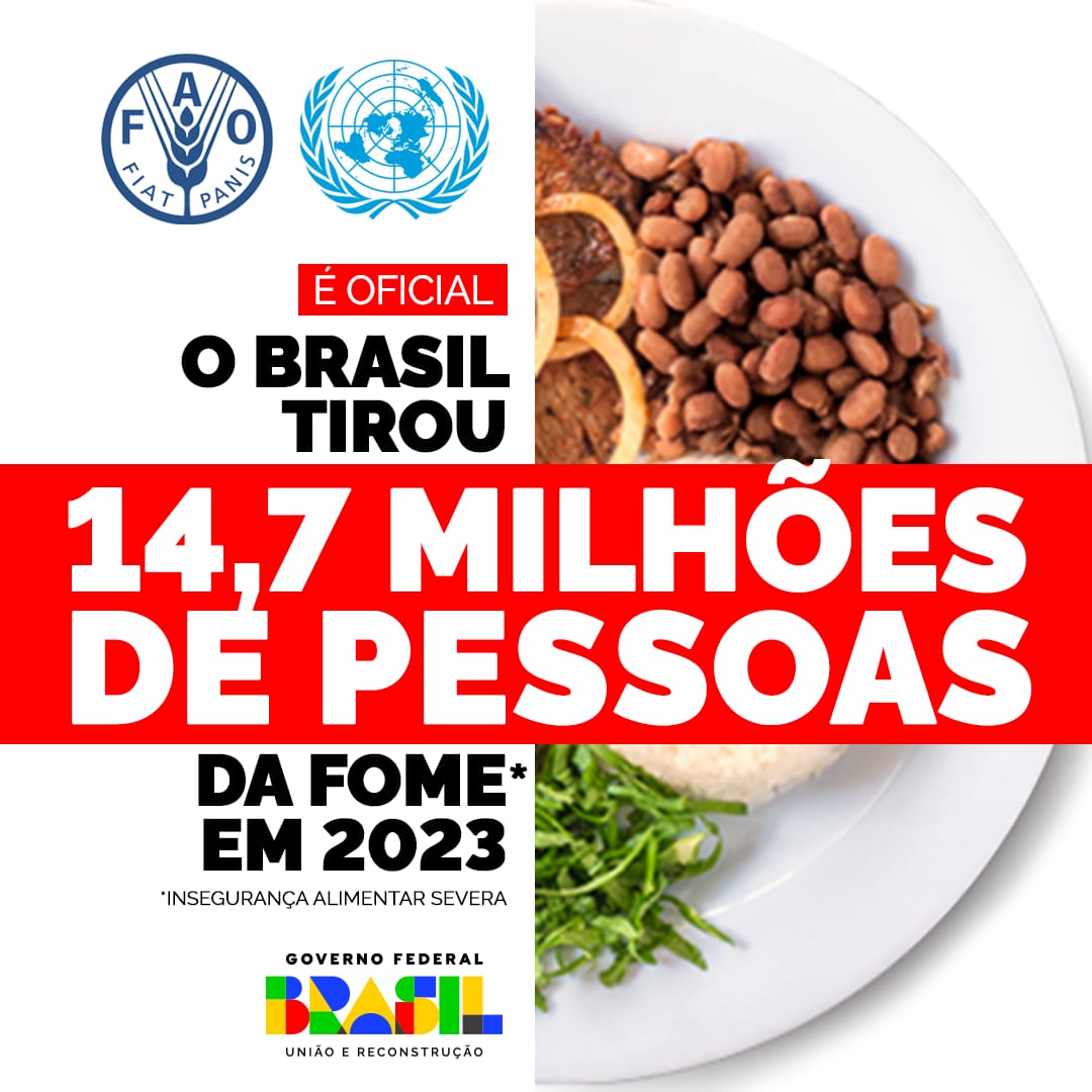 zeca_dirceu's tweet photo. 🥗ACABAR COM A FOME É POSSÍVEL E O BRASIL ESTÁ NESSE CAMINHO! 
Nesta quarta-feira (24), a ONU apresentou os novos dados mundiais sobre segurança alimentar e nutrição. O destaque ficou para o Brasil que, em apenas um ano, tirou 14,7 milhões da insegurança alimentar grave. É mais gente voltando a comer, a sorrir e a sonhar!
 🇧🇷 Mais uma vez, o presidente @LulaOficial vai tirar o Brasil do mapa da fome!