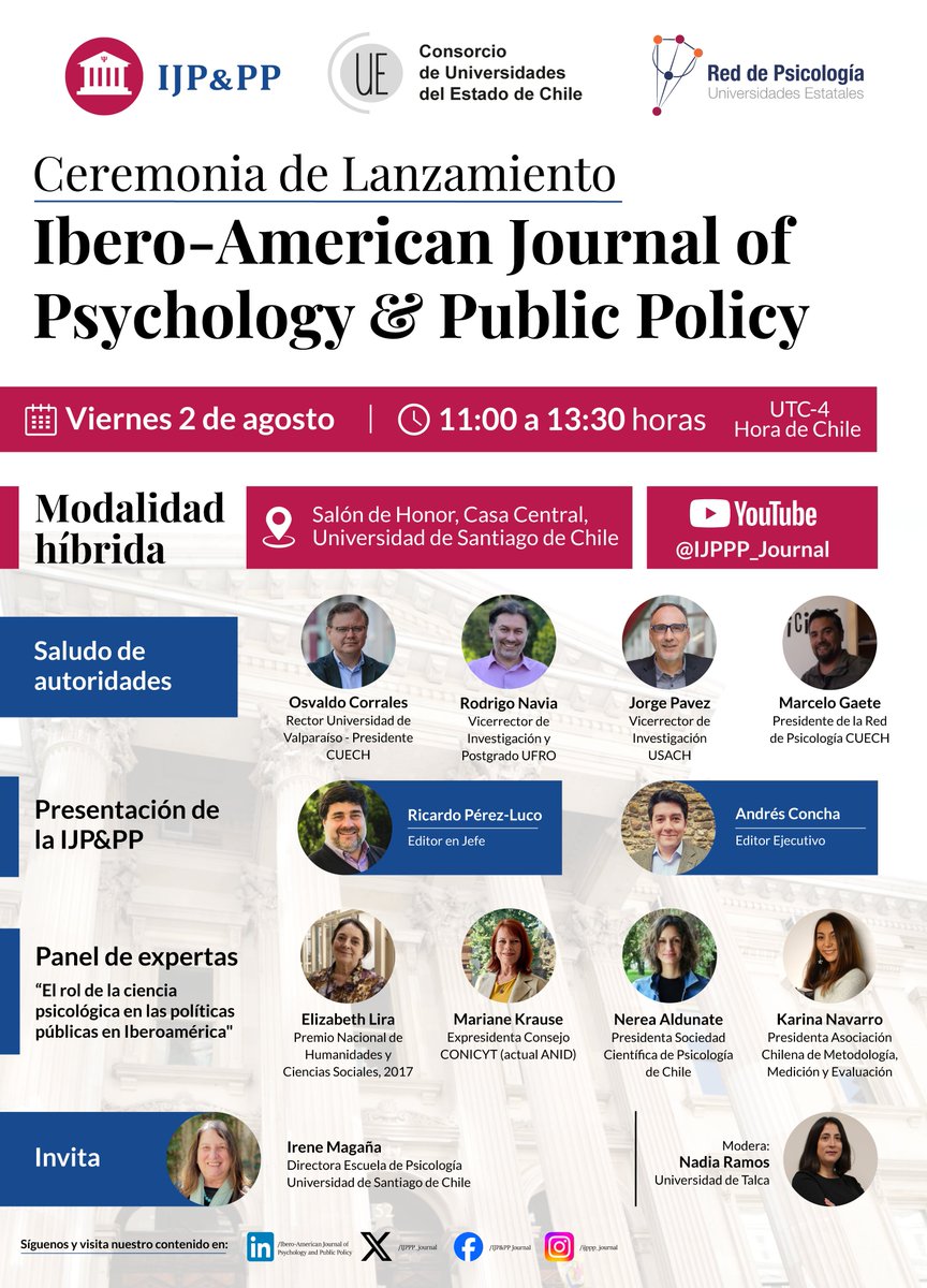 IJPPP_journal's tweet photo. 📅 CEREMONIA DE LANZAMIENTO DE LA IJP&amp;PP

Los invitamos a la ceremonia de lanzamiento de la Ibero-American Journal of Psychology and Public Policy 

🎟️💻 Inscripciones al evento en https://t.co/U0ZfP7pGyn 
🎥 Transmisión en vivo en https://t.co/VgKRvMlj4F https://t.co/rsv8I23cjq