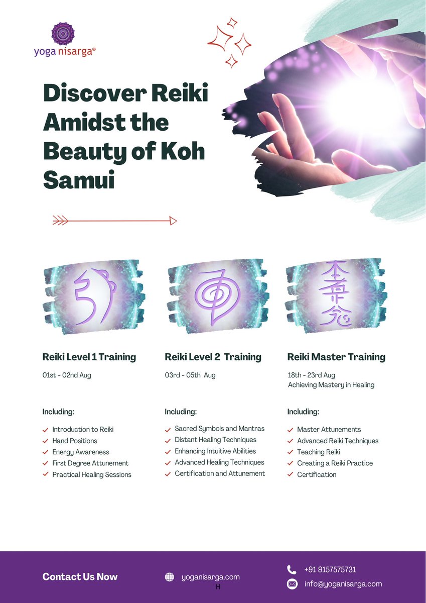 YogaNisarga's tweet photo. “Experience the transformative power of Reiki Healing Training in the serene paradise of Koh Samui, Thailand, this August 2024! 

Dates:
Level 1: 1st - 2nd Aug 2024
Level 2: 3rd - 5th Aug 2024
Master Level: 18th - 23th Aug 2024

To know more contact us
WhatsApp - +91 9157575731 https://t.co/1xWhcO1r72