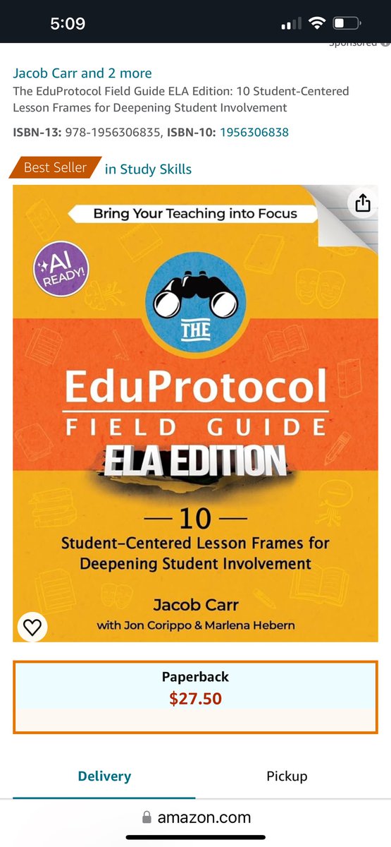 burgessdave's tweet image. Congrats to @MrCarrOnTheWeb for being the #1 Best Seller in Study Skills and #2 in education today! Currently 1,261 out of ALL books on Amazon!! 
#EduProtocols: ELA Edition is on 🔥🔥🔥!!

a.co/d/5EQVAxu
#dbcincbooks #tlap #leadlap