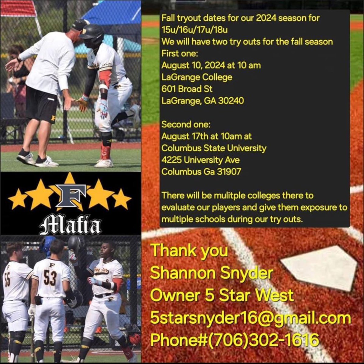 Infield clinic w/current college player
Youth tryouts 
High school tryouts