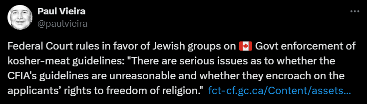 CIJAinfo's tweet photo. We are gratified the court validated shechita as a legitimate and humane approach that takes full account of animal welfare and meets the scientific standards established by @InspectionCan. All segments of the community and its institutions collaborated in this effort, and the contributions of @FederationCJA and @UJAFederation were significant. The Jewish community is committed to working with @InspectionCan to achieve a permanent solution that satisfies both their regulatory objectives and the imperative to protect kosher food security.

https://t.co/cSzmqyFisC