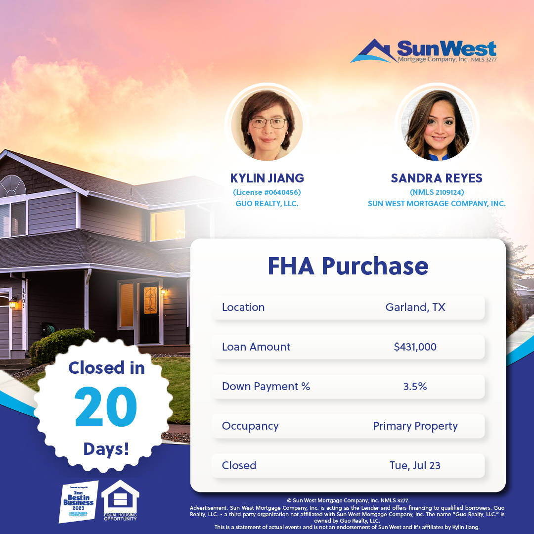 BanerjeeIrwin's tweet photo. Special thanks to Kylin Jiang for trusting Sun West and Sandra Reyes to finance the sale of her listing. Closed in 20 days!

#happyhomeowners #purchase #fha #loanclosedfast #sunwestmortgage #wegetyou #mytruehome #feelgood #AngelAi #technology #homeloans #empathetictechnology https://t.co/LpmWKclzSj