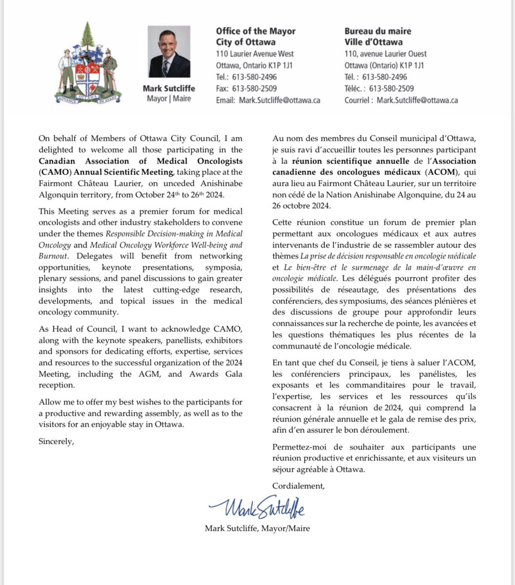 GillSharlene's tweet photo. #CAMO24 #Ottawa
🚨 Med Oncs 🇨🇦- just 3 months to go for our 1st @CAMO_ACOM stand-alone Annual Meeting 🙌  
🙏 @MayorOttawa for the warm welcome👇 
Details &amp; link to register 
➡️ https://t.co/jpXQjC3pjz
@camoprez @Erin19785799 @MSoleimani_MD https://t.co/BOIVHq36kX