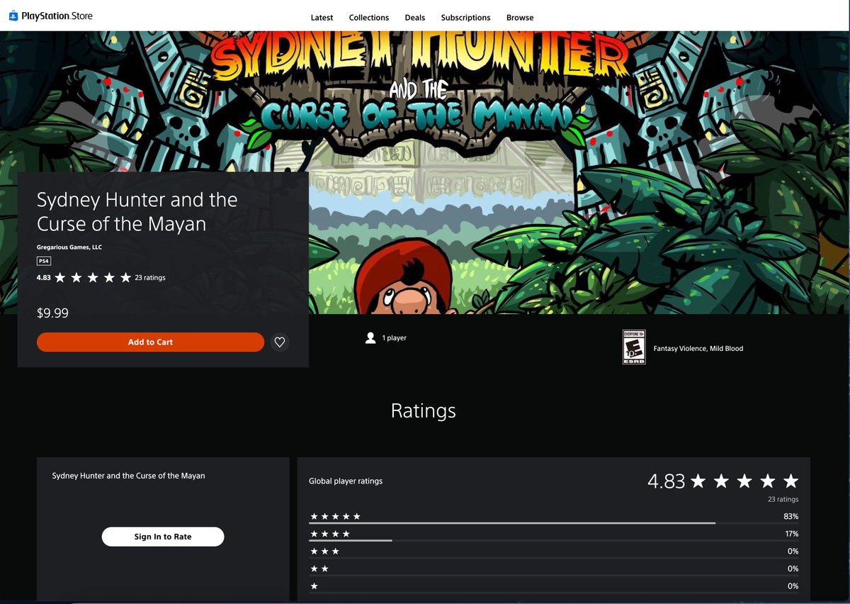 Sydney Hunter and the Curse of the Mayan is getting great reviews for the Playstation systems!  If you haven't done so already, check it out on the Playstation Store for only $9.99, and if you have time, we always appreciate reviews as well! store.playstation.com/en-us/product/…