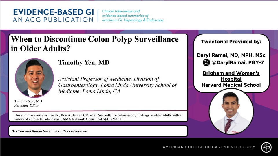 Evidence-Based GI: An ACG Publication (EBGI) (@acg_ebgi) on Twitter photo 1/ ⏰ for #EBGI Tweetorial🧵w/ <a href="/DarylRamai/">Daryl Ramai, MD, MPH, MSc.</a>
“When to Discontinue Colon Polyp Surveillance in Older Adults?”
📜 shorturl.at/CJd5g
🎧 shorturl.at/EWstZ
📰 shorturl.at/XQJ6s
#GITwitter 1/ ⏰ for #EBGI Tweetorial🧵w/ <a href="/DarylRamai/">Daryl Ramai, MD, MPH, MSc.</a>
“When to Discontinue Colon Polyp Surveillance in Older Adults?”
📜 shorturl.at/CJd5g
🎧 shorturl.at/EWstZ
📰 shorturl.at/XQJ6s
#GITwitter