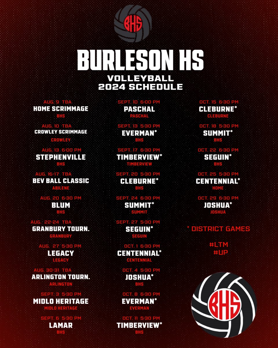 🏐2024 Season Schedule🏐

Tickets 🎟️ 
burlesonisd.net/domain/1982

Rankone Schedule link:
app.rankone.com/Schedules/View…

#LTM
#UP