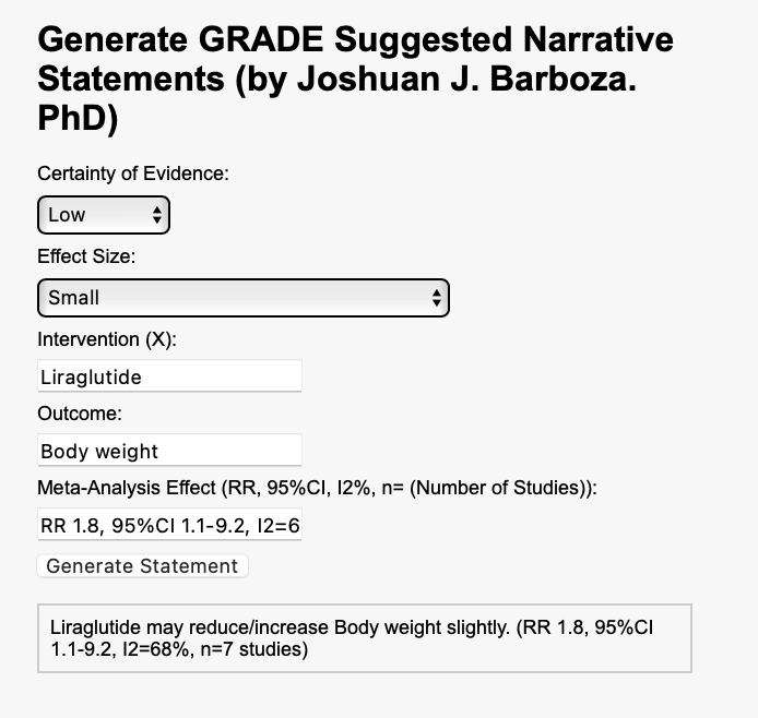 joshuanbarbozam's tweet photo. #Cochrane #SystReview
🧐 ¿Sabías que para recomendar un tratamiento en un meta-análisis necesitas evaluar la certeza de la evidencia con GRADE? 📊
¡He creado una herramienta interactiva para redactar correctamente las conclusiones del meta-análisis! 🛠️
👉 https://t.co/bds5ZXQT12 https://t.co/E0Yr75Nto4