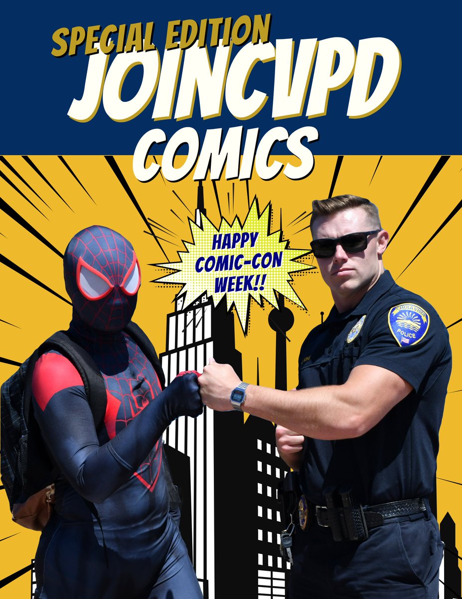 🚨Attention all superheroes! San Diego Comic-Con has officially arrived. Can you tell we're excited?!

From our JoinCVPD family to everyone in attendance... have a safe and super time!! 🦸🦸‍♀️#ComicCon2024 #ChulaVistaPD #JoinCVPD #superhero #SpiderMan