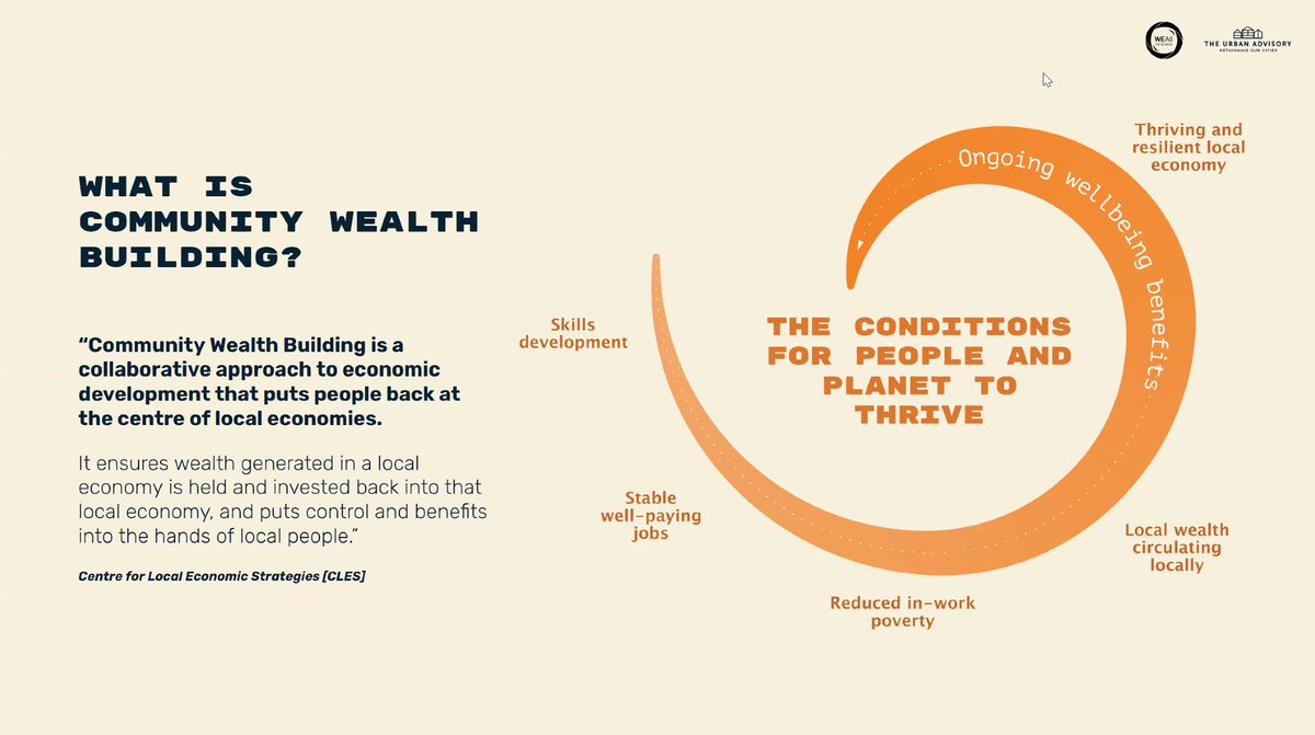 "#communitywealthbuilding ensures wealth generated in the local economy is held and  invested back into that local economy, and puts control and benefits into  the hands of local people" - Greer O’Donnell, Managing Director at The Urban Advisory