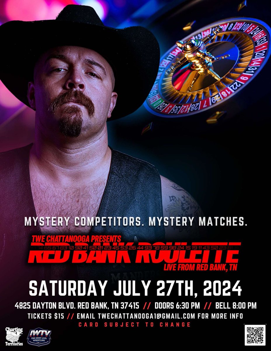 TWE_Chattanooga's tweet photo. 🚨RED BANK ROULETTE ANNOUNCEMENT🚨
Entrant 18 - @NoahXVeil
All participants names go into a randomizer along with a list of stipulations. Matches & stips determined by the luck of the digital draw!
🚪6:30
🛎️8
🎟️https://t.co/QW5NexfYny https://t.co/Fdc6Qxv3wM