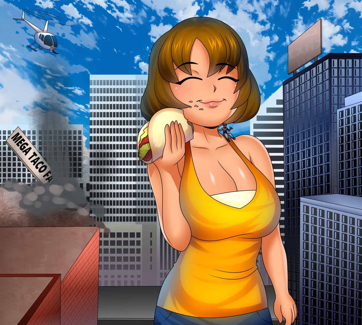 Another take of Giant Linda eating a taco this time in the city.
Linda is <a href="/JoeDaVenezuelan/">JoeDaVenezuelan🔞</a>'s OC
Line art made by <a href="/SweetChocoboi/">Sweet Chocolate (COMMS CLOSED)</a>
Colouring made by <a href="/YurioBloss/">Yuriyo</a> 
#giantess #city #sizetwitter