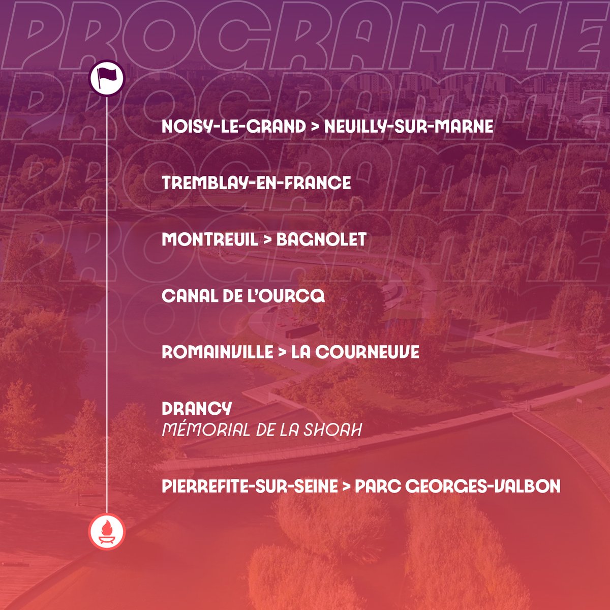 🔥 La Seine-Saint-Denis, plus jeune département de France, est à l’honneur du Relais de la Flamme Olympique !

Elle empruntera la route de Noisy-le-Grand, Neuilly-sur-Marne, Tremblay-en-France, Montreuil et Bagnolet. Elle ralliera ensuite Romainville, La Courneuve, Drancy et