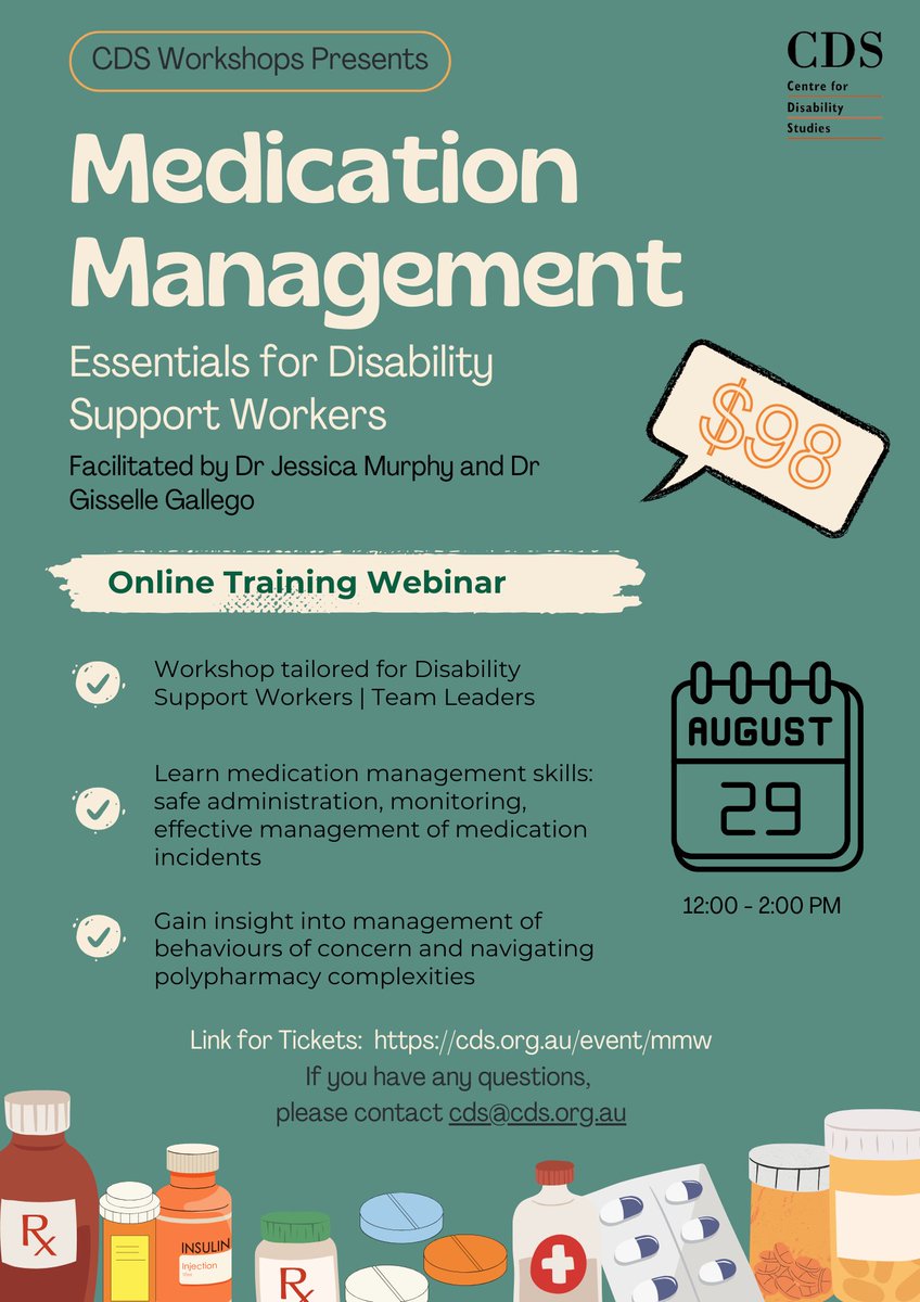 Are you a Disability Support Worker or Team Leader?

Join our latest webinar on medication management! Enhance your skills in safe administration, monitoring, &amp; managing incidents. 

📅 Aug 29, 12-2 PM

🎓Dr Jessica Murphy &amp; Dr Gisselle Gallego

Tix: cds.org.au/event/mmw/
